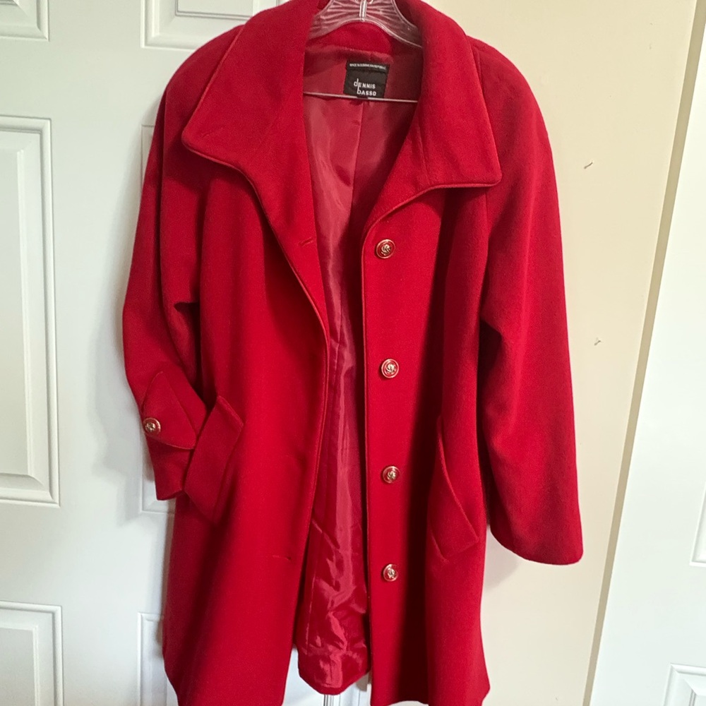 Dennis Basso Red Trench Coat with Faux Fur Collar - Picture 2 of 6